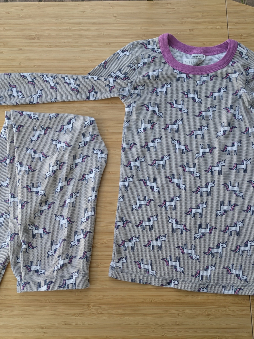 Kids Unicorn Print Thermal Pajama Set - Purple Trim